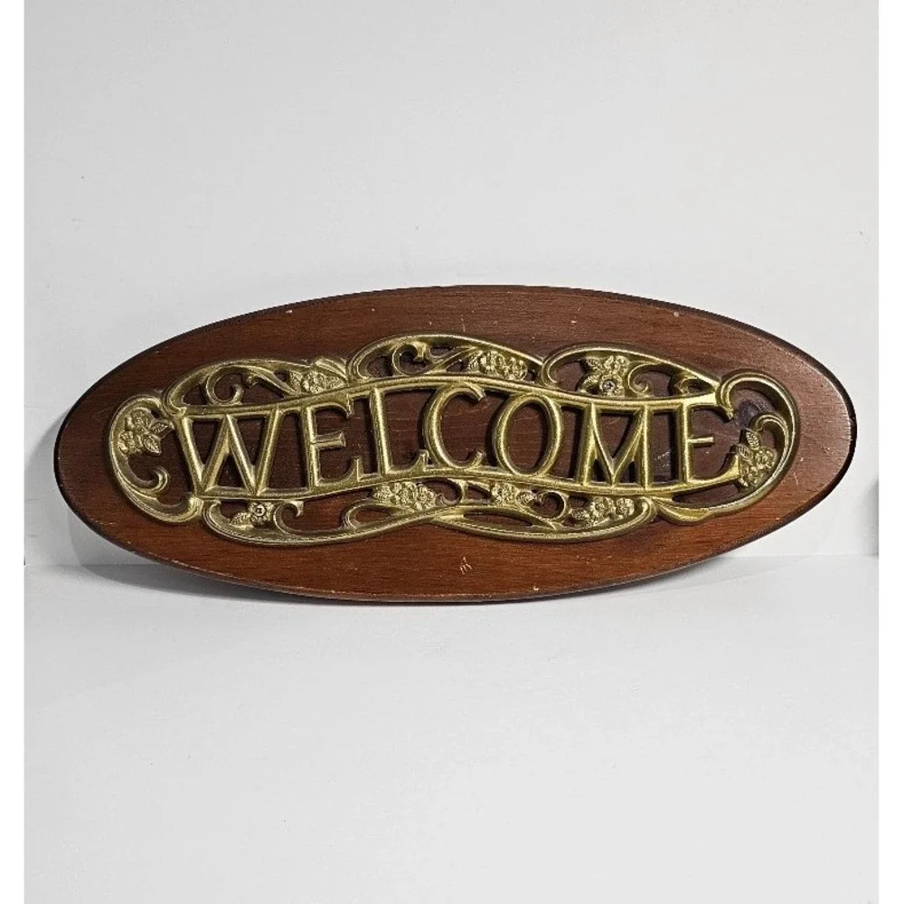 Vintage Brass Welcome Sign on Oval Wood Plaque 7x17 MCM Cottagecore Wall Decor